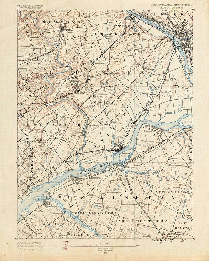 1890 Topo Map of Burlington PA Quadrangle Bucks County