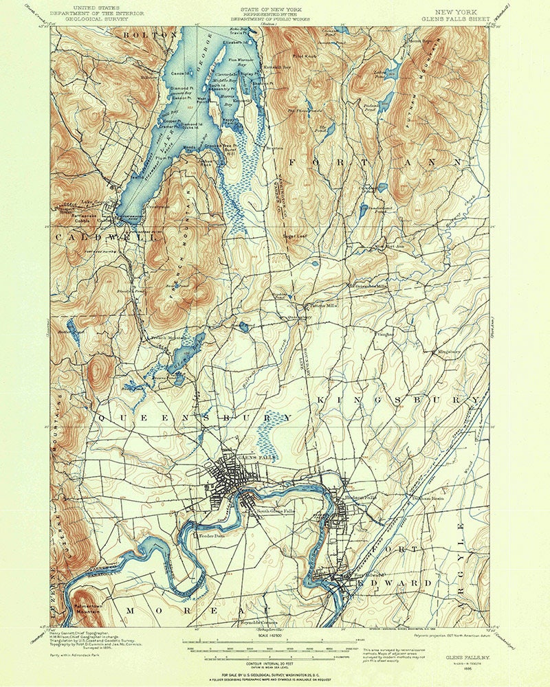 1895 Topo Map of Glen Falls New York Quadrangle