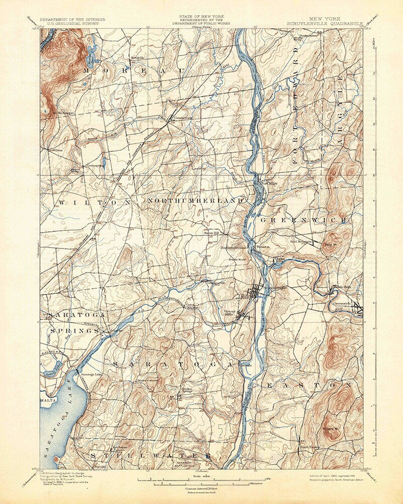 1895 Topo Map of Schuylerville New York Quadrangle