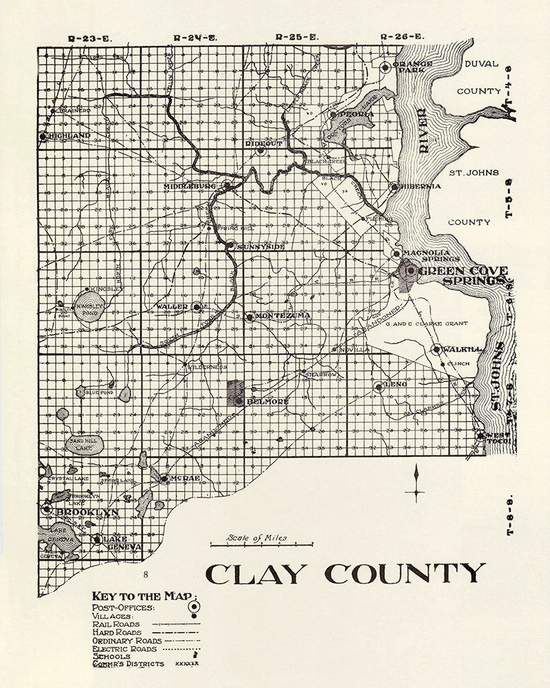1914 Map of Clay County Florida Green Cove Springs