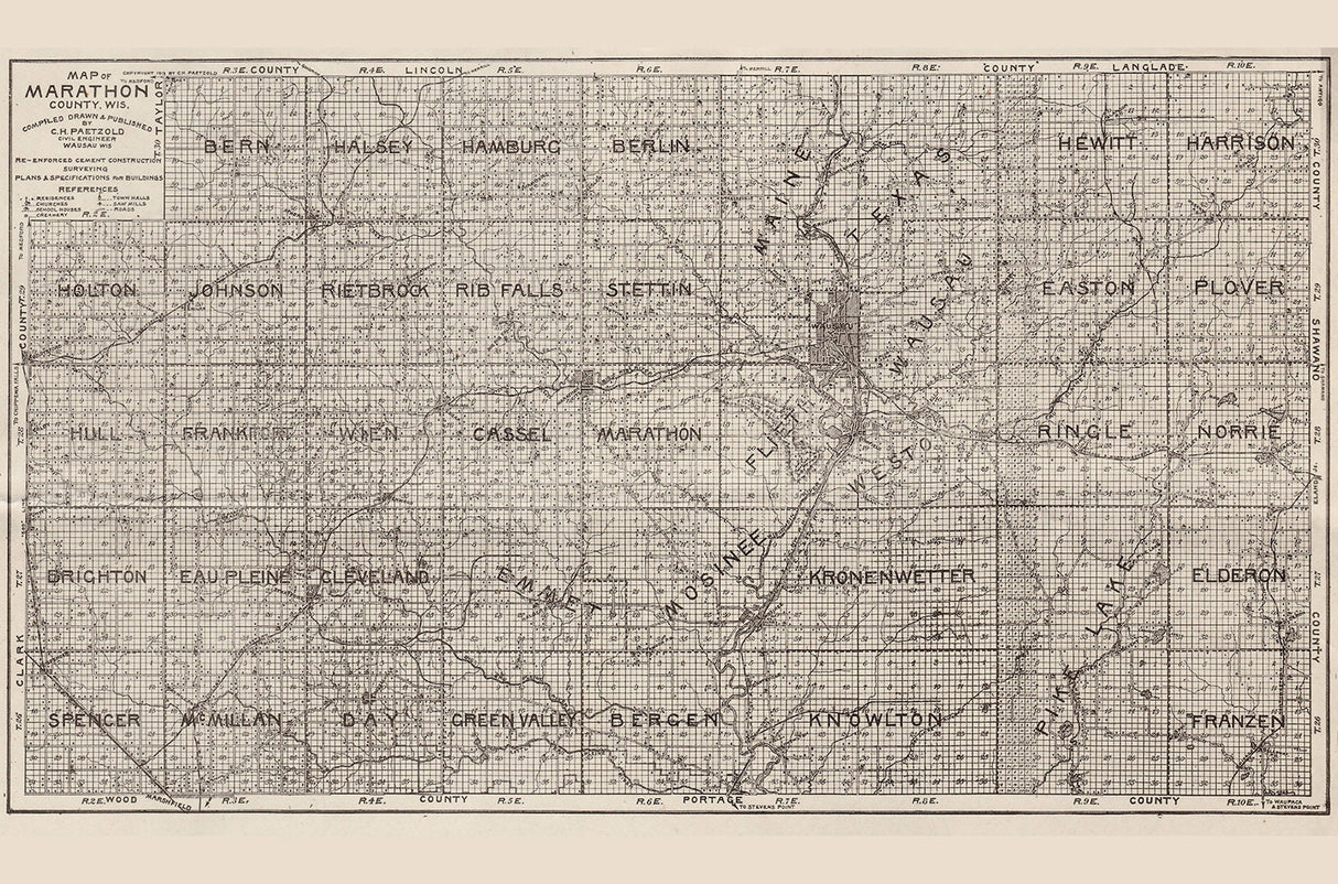 1913 Farm Line Map of Marathon County Wisconsin