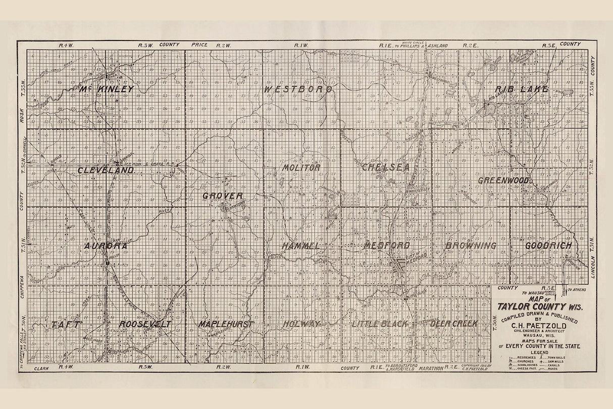 1916 Farm Line Map of Taylor County Wisconsin