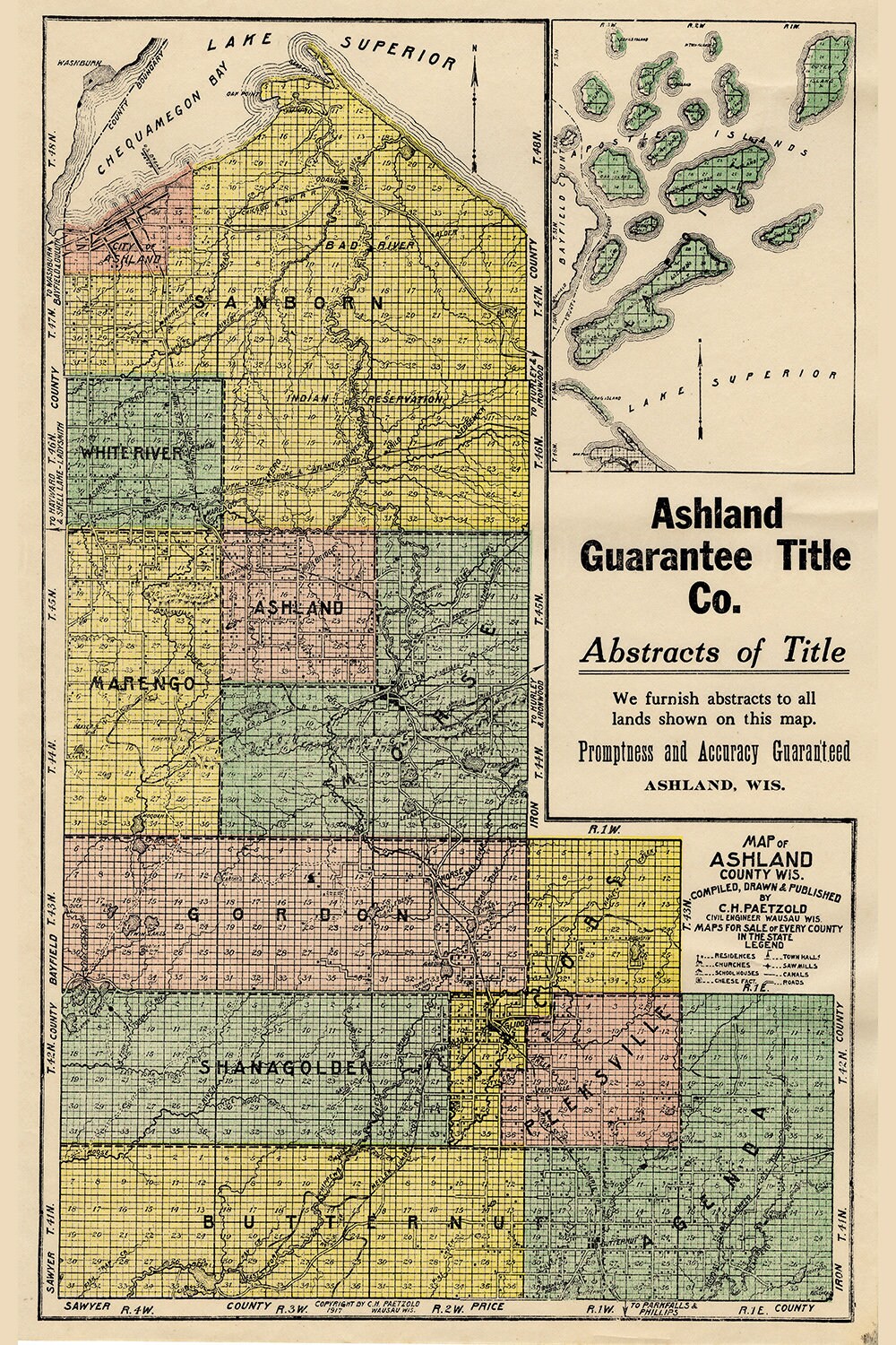 1917 Farm Line Map of Ashland County Wisconsin Smaller Version