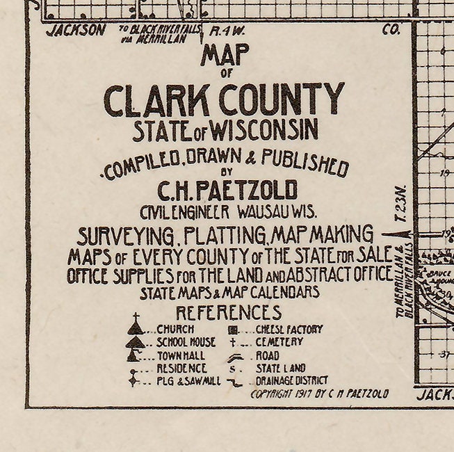 1917 Farm Line Map of Clark County Wisconsin Research Map