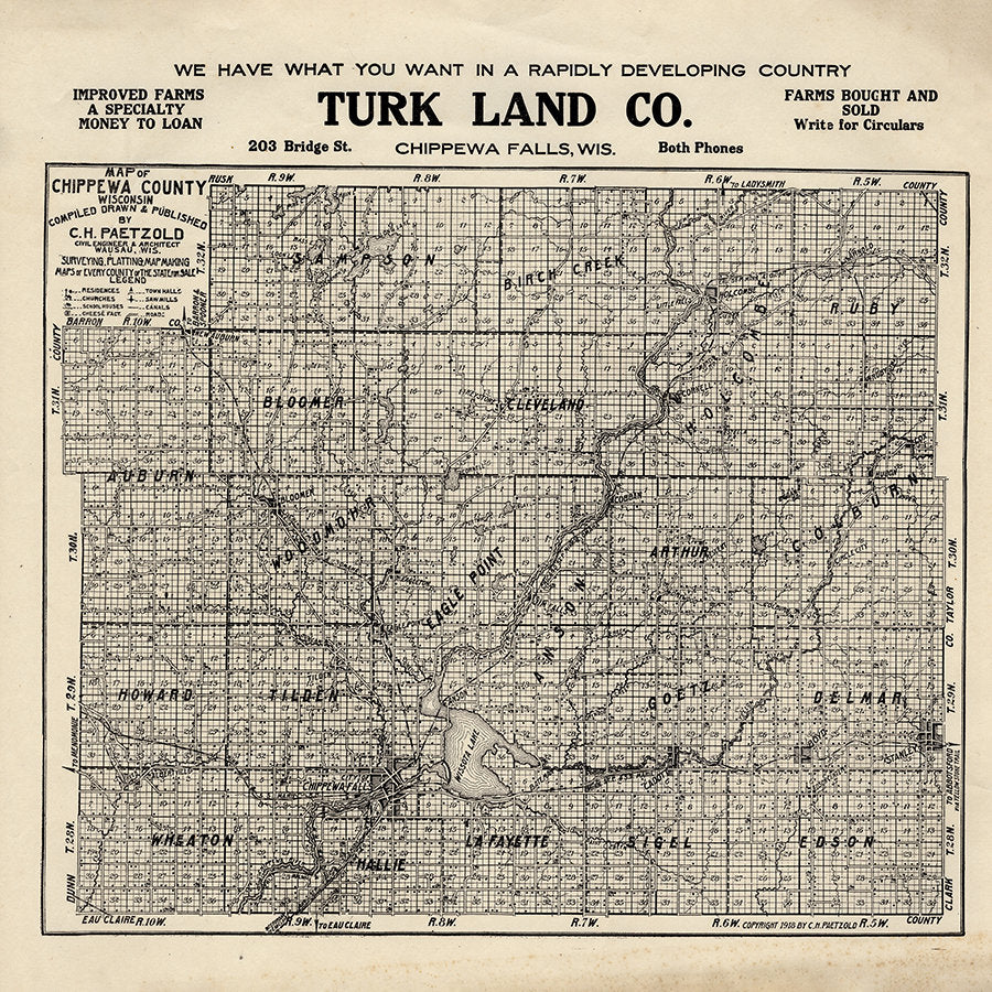 1918 Farm Line Map of Chippewa County Wisconsin