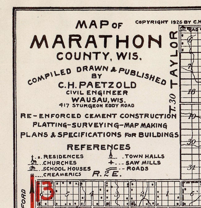 1926 Farm Line Map of Marathon County Wisconsin