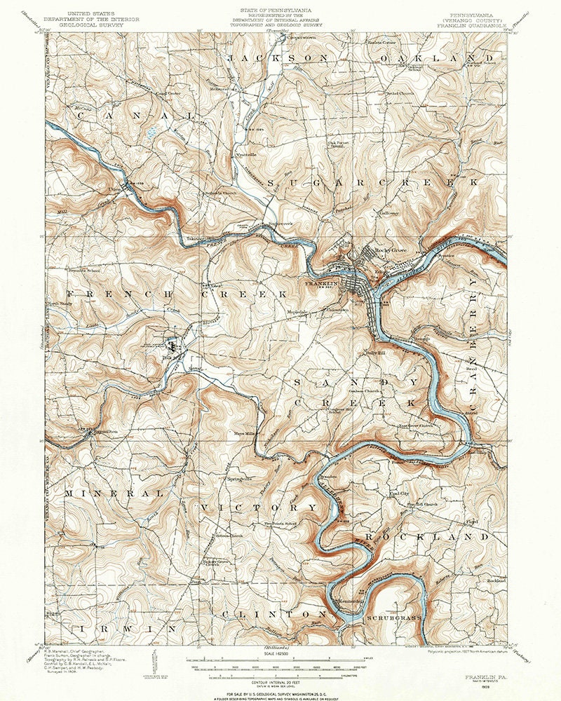 1909 Topo Map of Franklin Pennsylvania Quadrangle