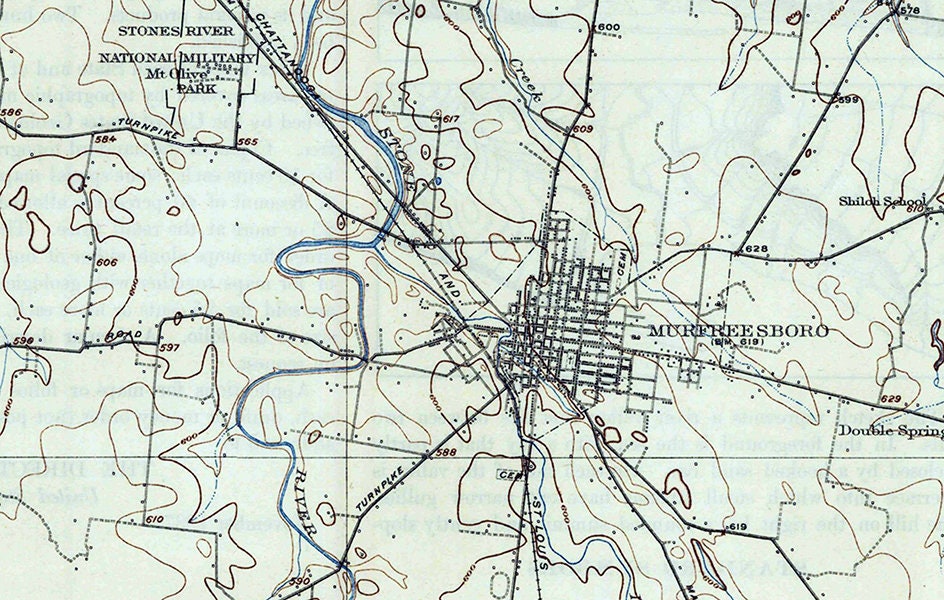 1916 Topo Map of Murfreesboro Tennessee Quadrangle