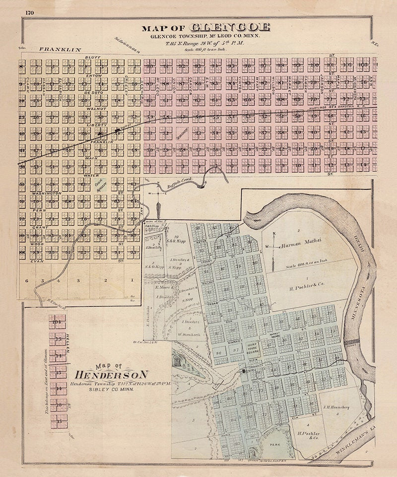 1874 Map of Glencoe & Henderson Minnesota