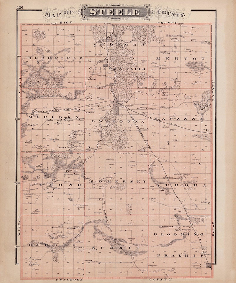 1874 Map of Steele County Minnesota