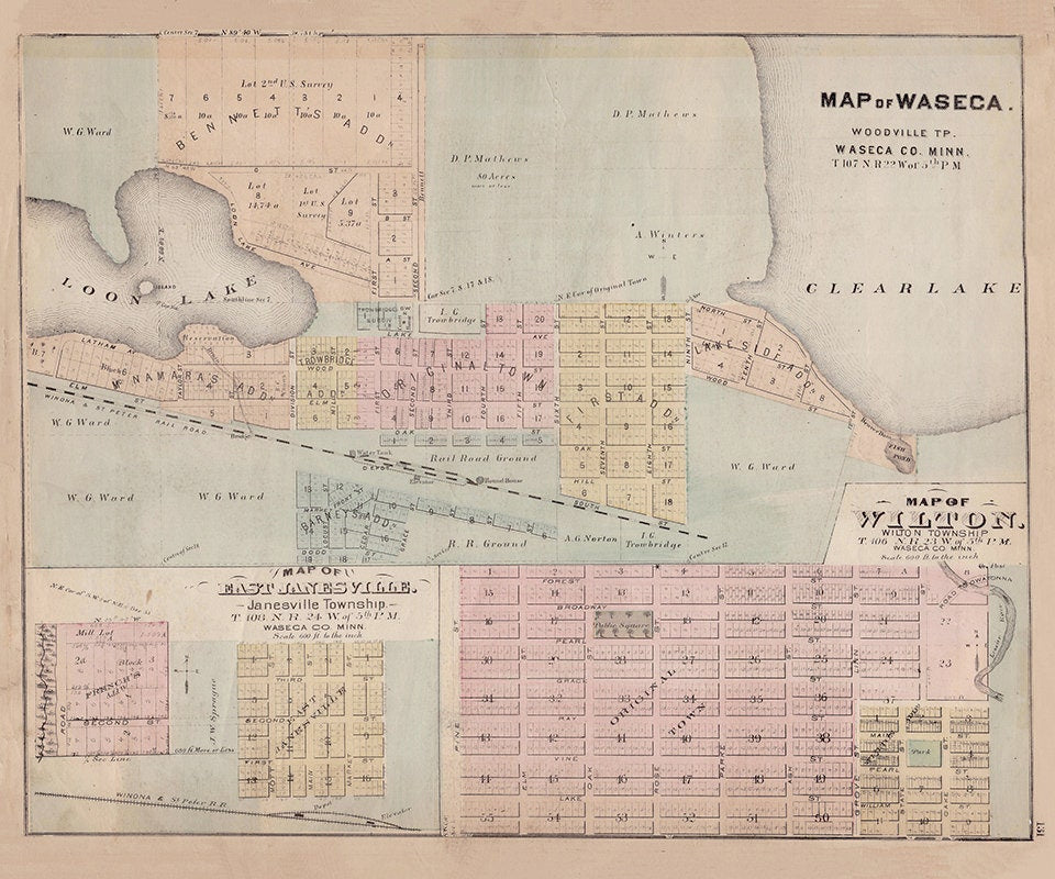 1874 Map of Waseca Wilton Janesville Minnesota