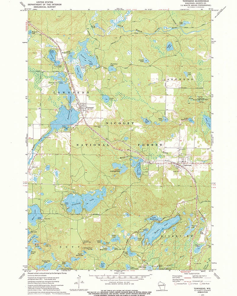 1972 Map of Townsend Quadrangle Wisconsin Archibald Lake