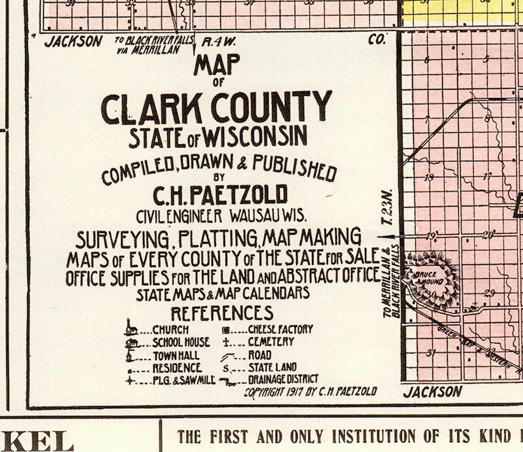 1917 Farm Line Map of Clark County Wisconsin Colored