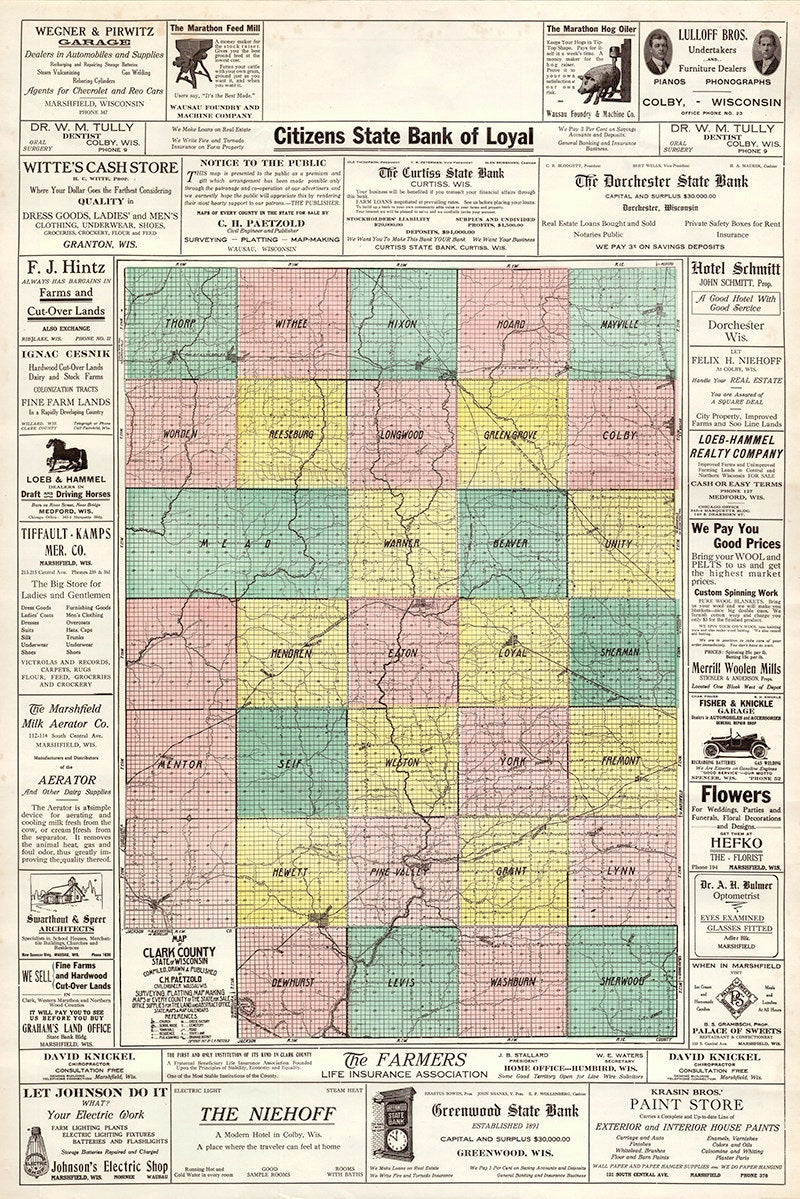 1917 Farm Line Map of Clark County Wisconsin Colored