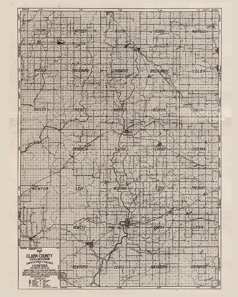 1917 Farm Line Map of Clark County Wisconsin Research Map