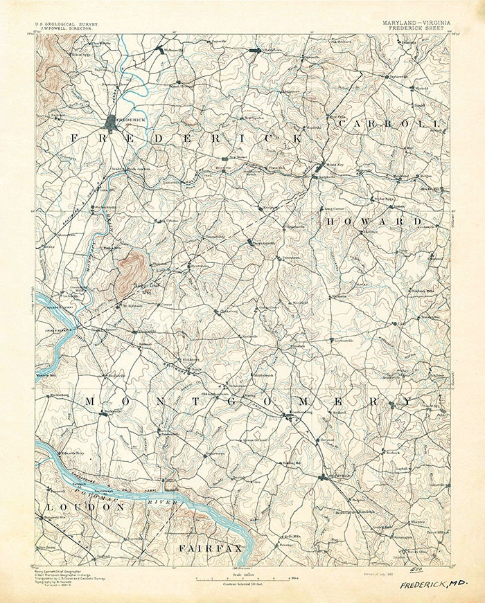 1893 Topo Map of Frederick Maryland Quadrangle