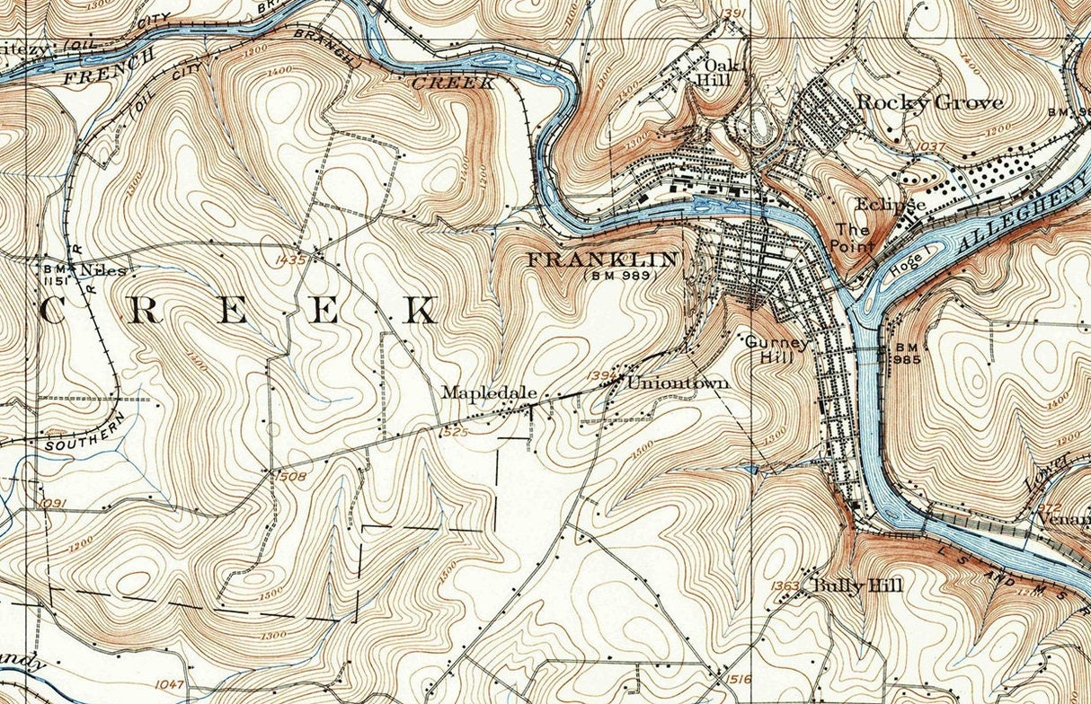 1909 Topo Map of Franklin Pennsylvania Quadrangle