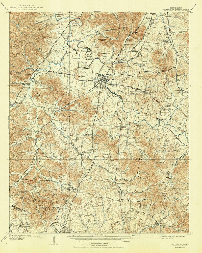 1909 Topo Map of Franklin Tennessee Quadrangle