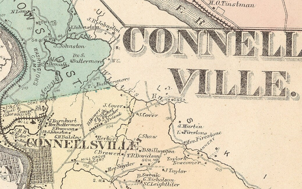 1872 Map of Connellsville Township Fayette County PA