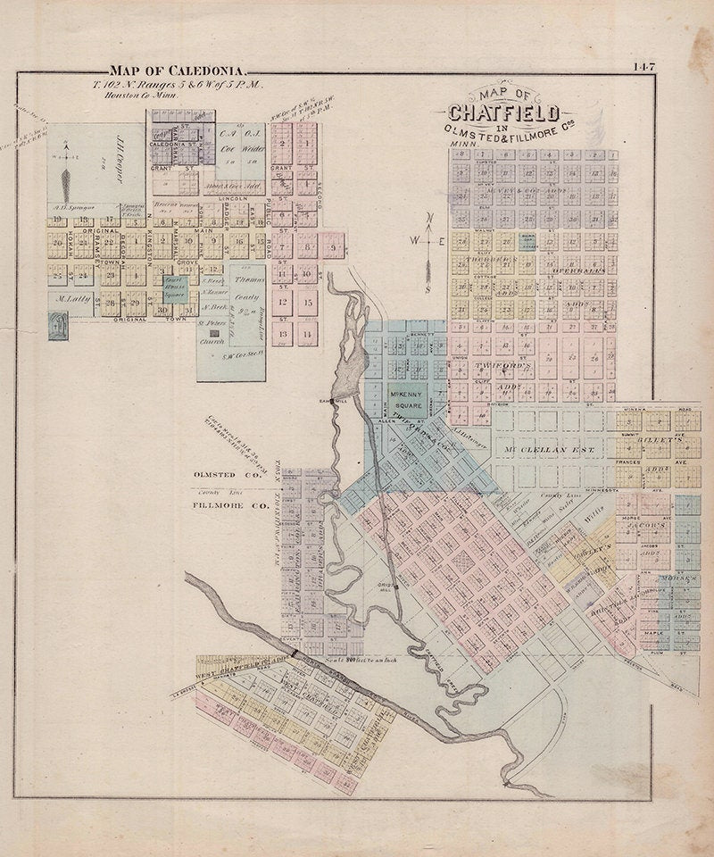 1874 Map of Caledonia & Chatfield Minnesota