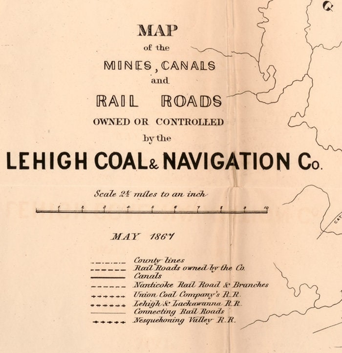 1867 Map of Lehigh & Wyoming Valley PA Mines Canals and Rail Roads