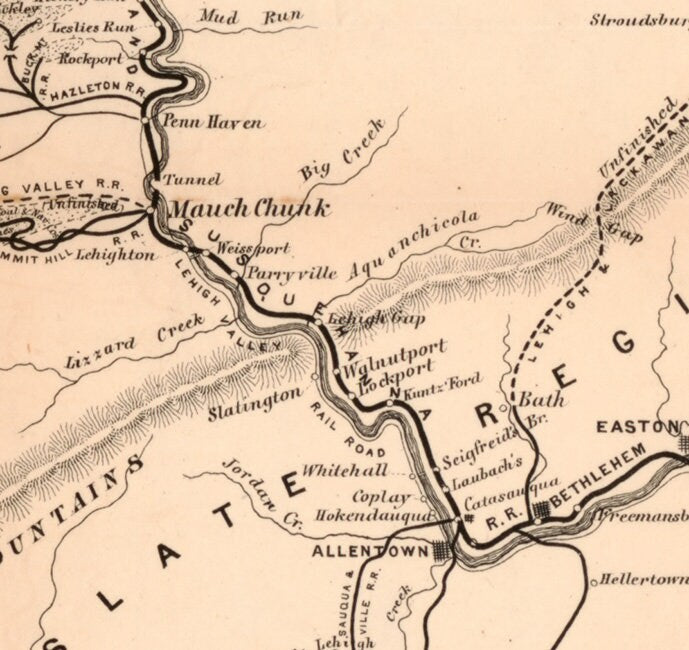 1867 Map of Lehigh & Wyoming Valley PA Mines Canals and Rail Roads