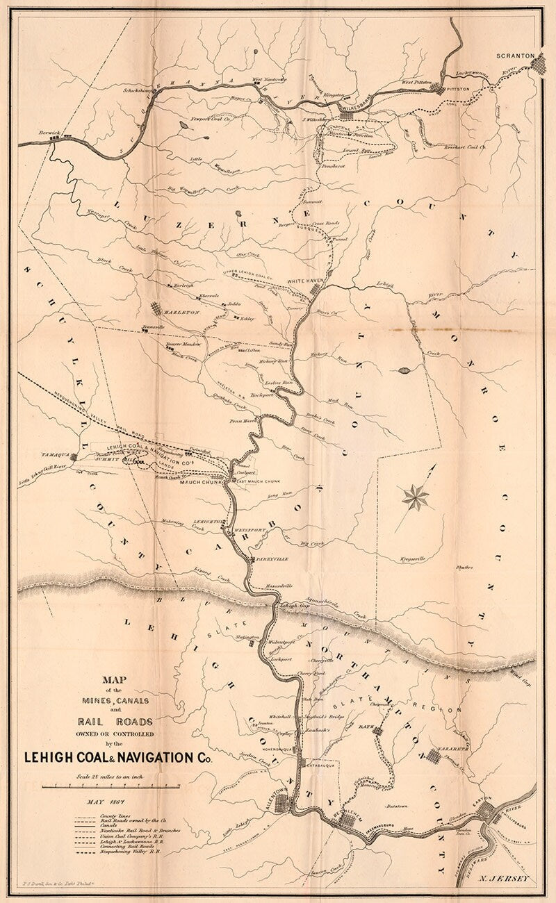 1867 Map of Lehigh & Wyoming Valley PA Mines Canals and Rail Roads