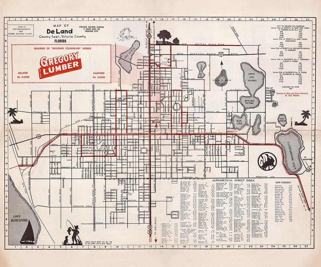 1950s Map of DeLand Volusia County Florida