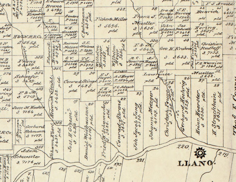 1890 Farm Line Map of Llano County Texas Landowners