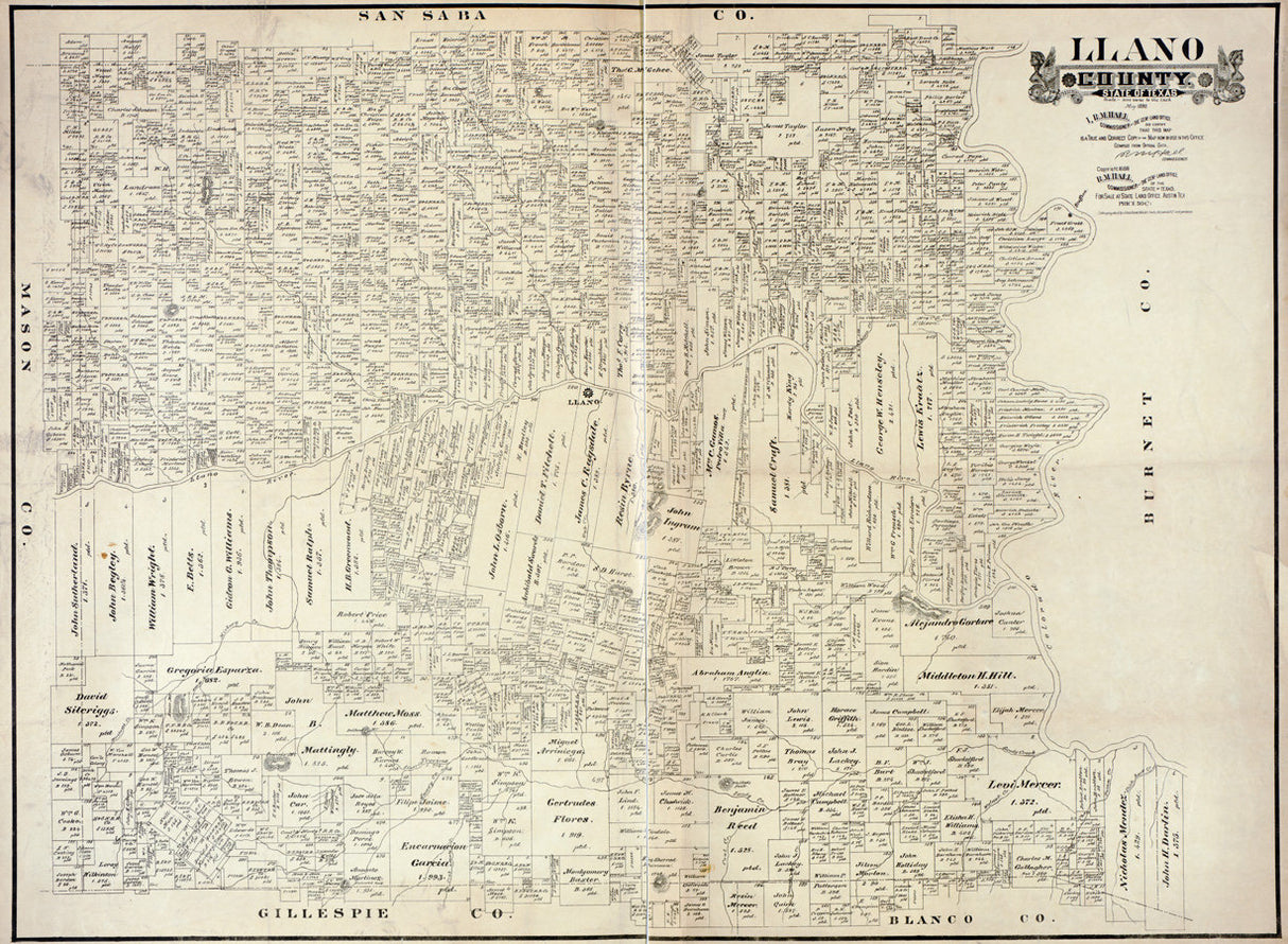 1890 Farm Line Map of Llano County Texas Landowners