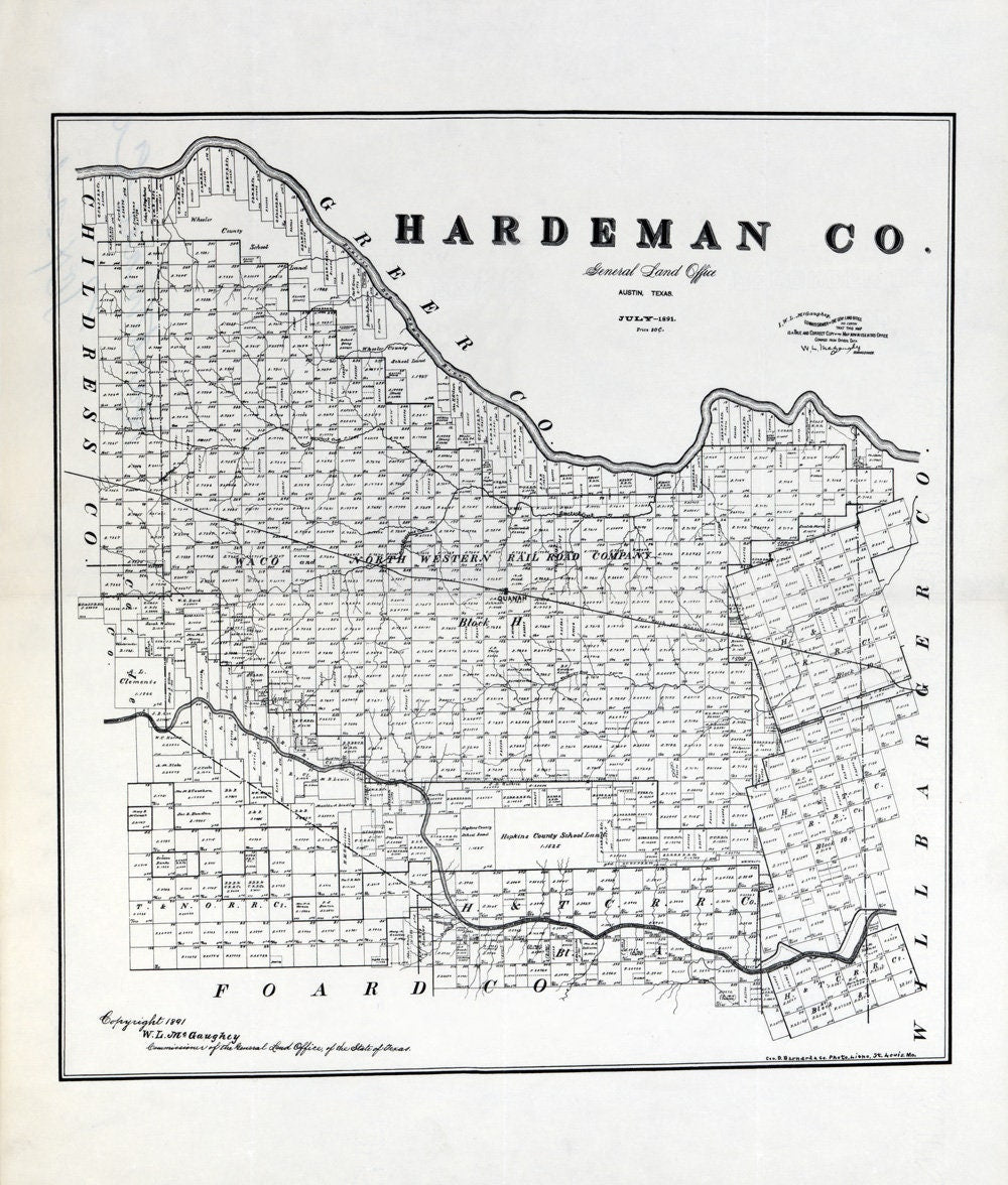 1891 Farm Line Map of Hardeman County Texas