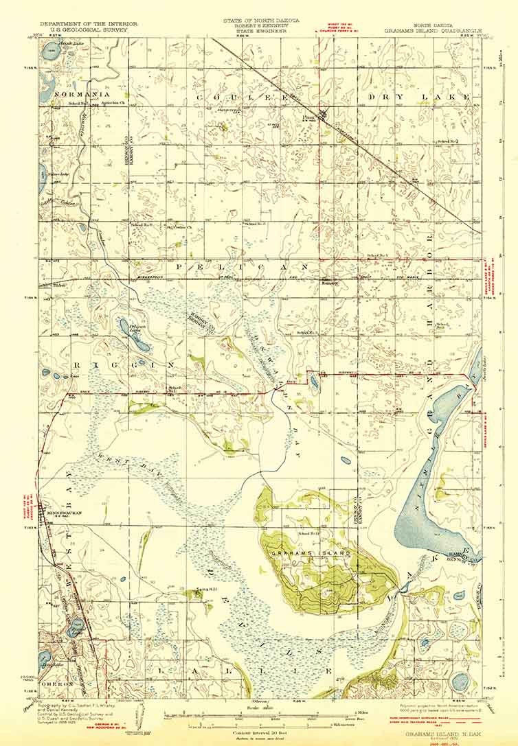 1928 Topo Map of Grahams Island North Dakota