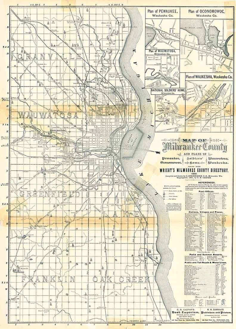 1892 Map of Milwaukee County Wisconsin Pewaukee Wauwatosa Waukesha