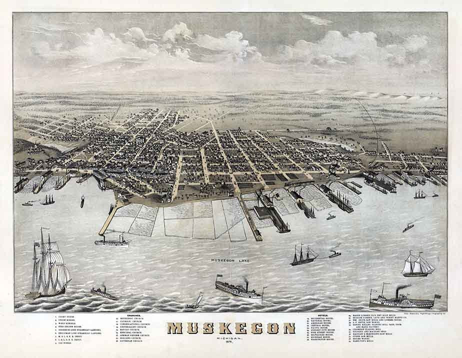 1874 Panoramic Map of Muskegon Michigan
