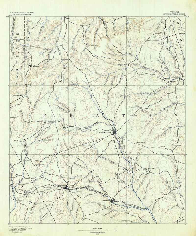 1890 Topo Map of Stephenville Texas - Erath - Bosque - Comanche