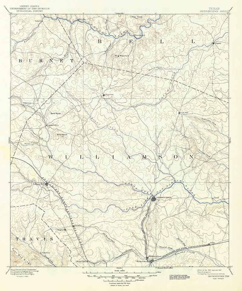 1893 Topo Map of Georgetown Texas - Bell - Temple - Blanco