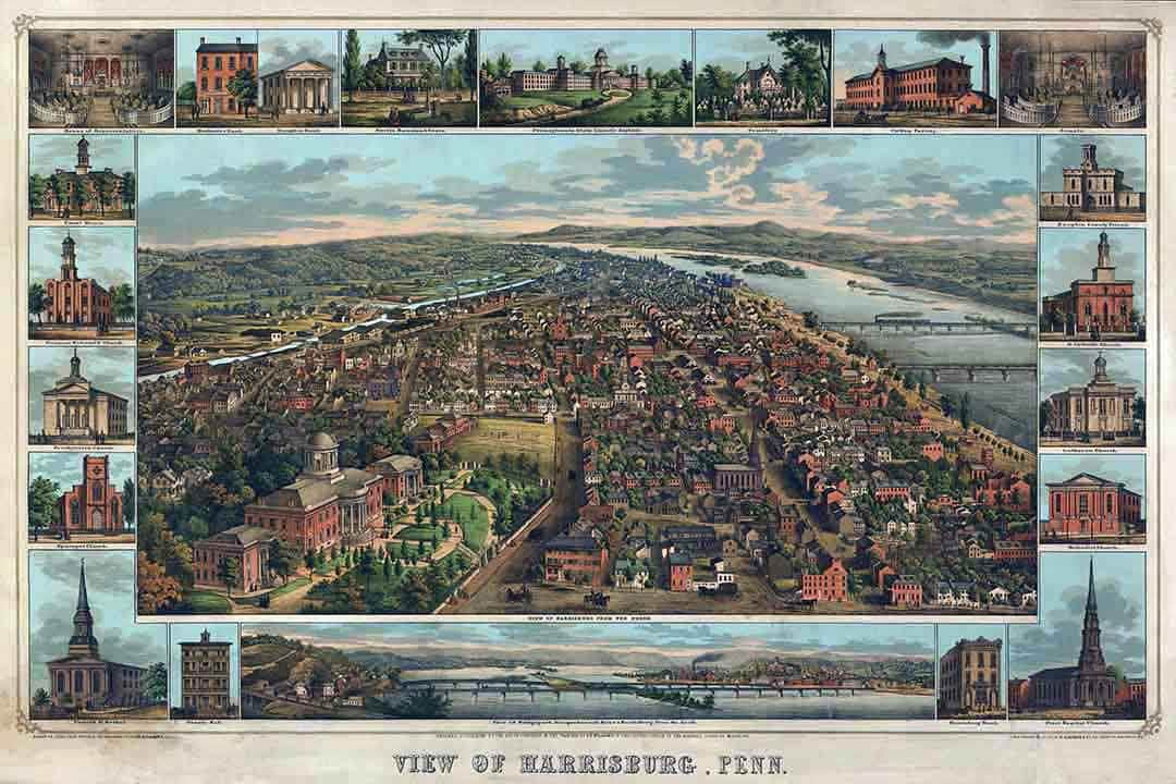 1855 Panoramic Map of Harrisburg Pennsylvania