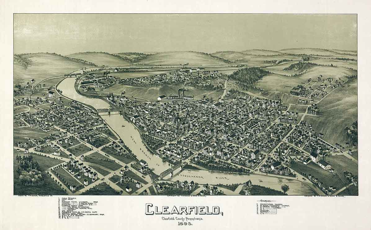 1895 Panoramic Map of Clearfield Pennsylvania