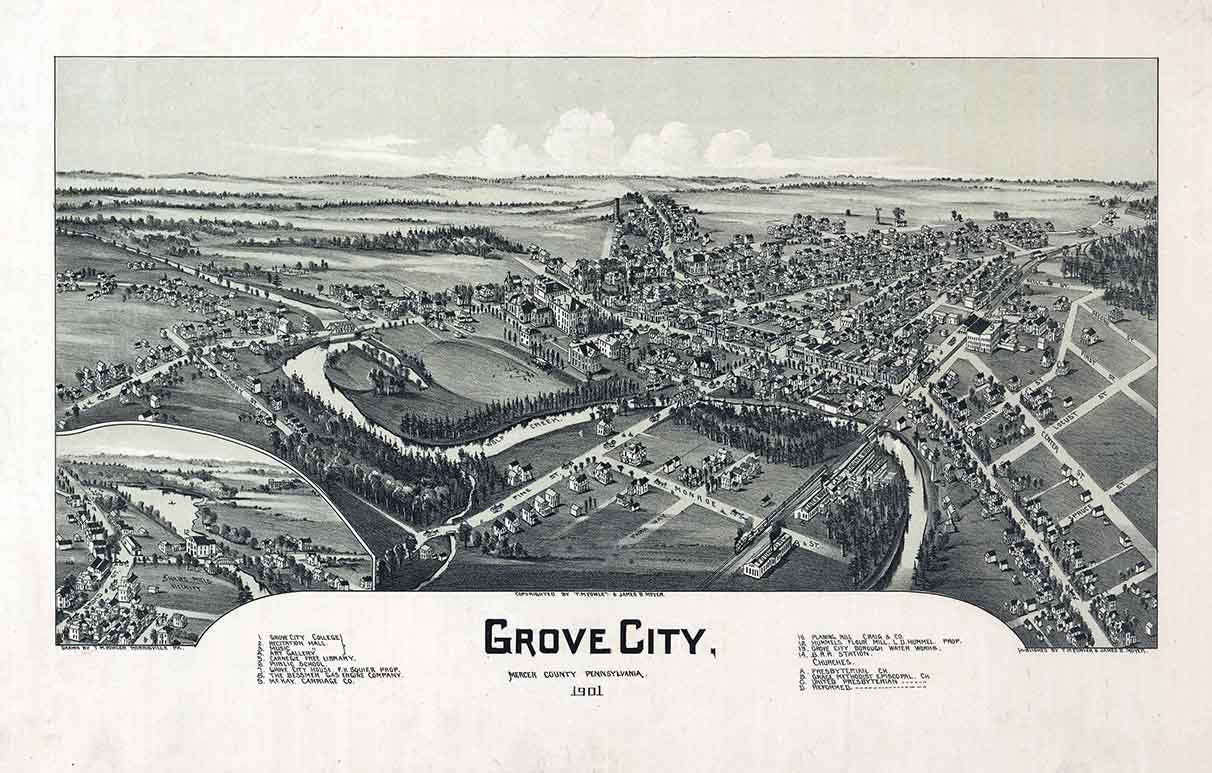 1901 Panoramic Map of Grove City Mercer County Pennsylvania