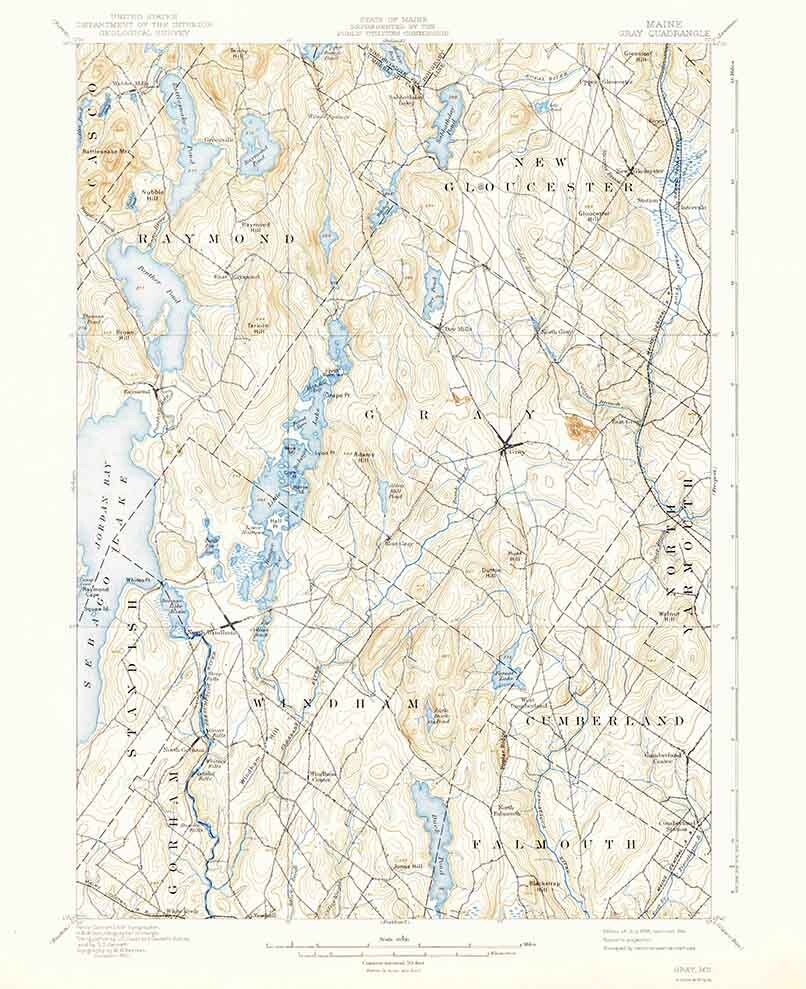 1898 Topo Map of Gray Maine Quad Sebago Lake