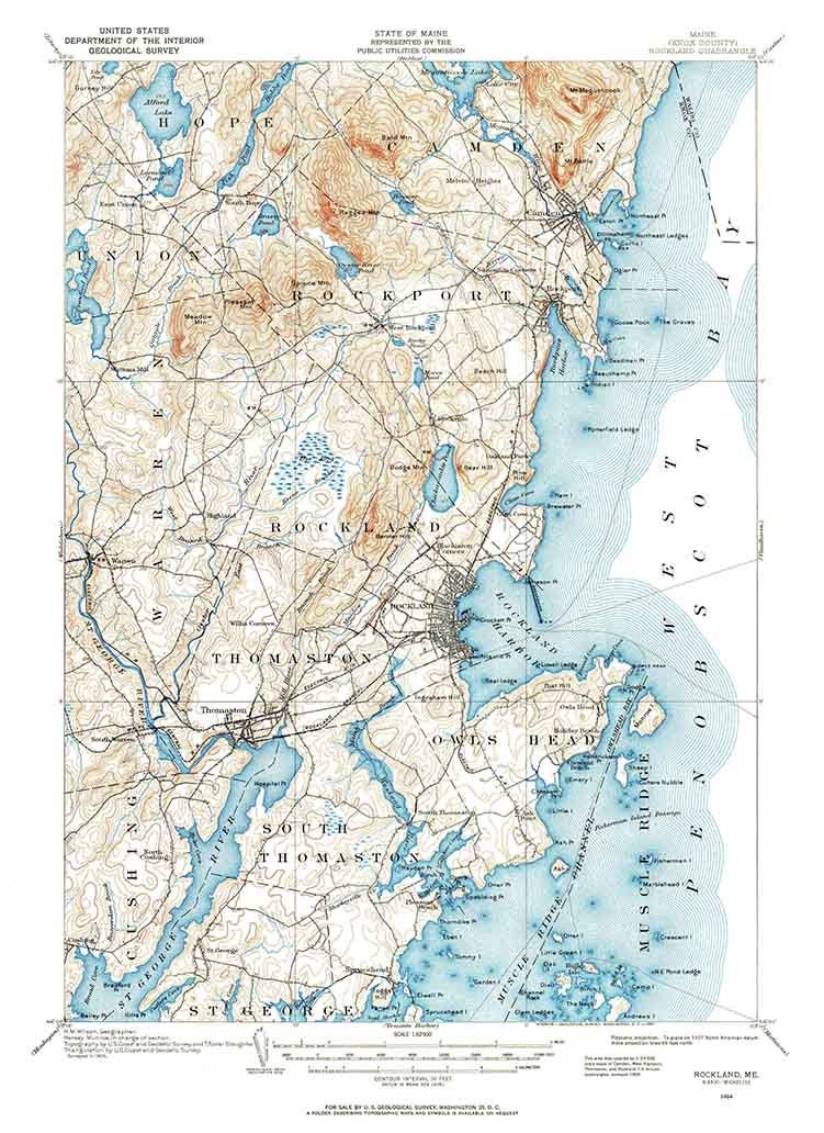 1904 Topo Map of Rockland Maine Quad Camden Warren Cushing