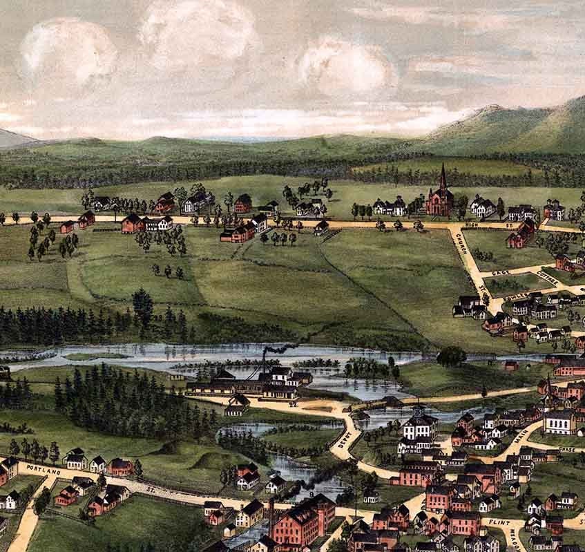1888 Panoramic Map of Bridgton Maine