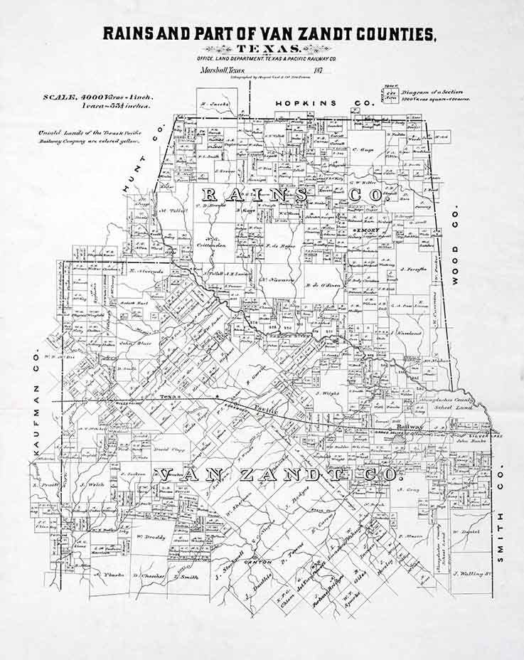 1870 Farm Line Map of Rains and Part of Van Zandt County Texas