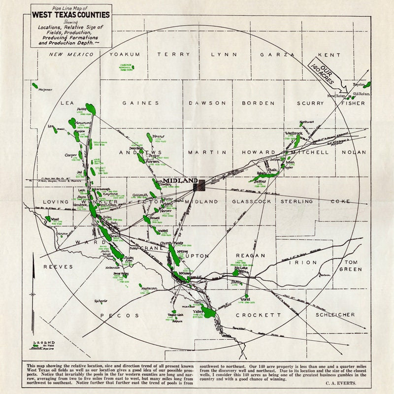 1930 Pipeline Map of West Texas Counties Midland Winkler Mitchell Upton Crockett