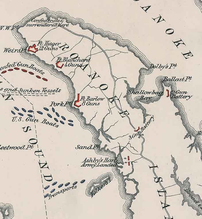 1862 Map of the Battlefield of Roanoke North Carolina