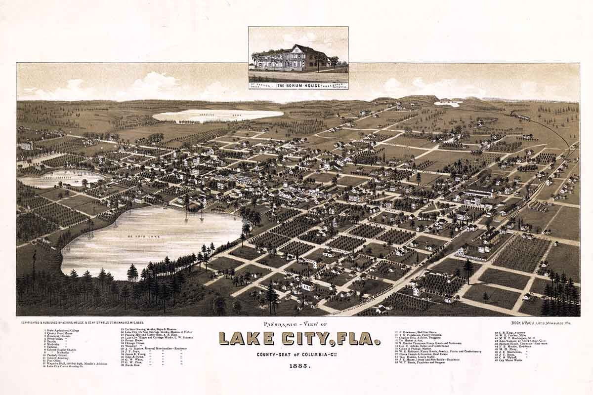1885 Panoramic Map of Lake City Florida