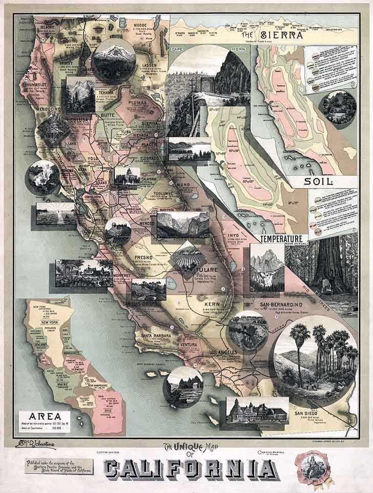1888 Map of the State of California Sierra Mountains