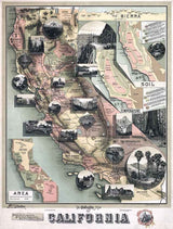 1888 Map of the State of California Sierra Mountains