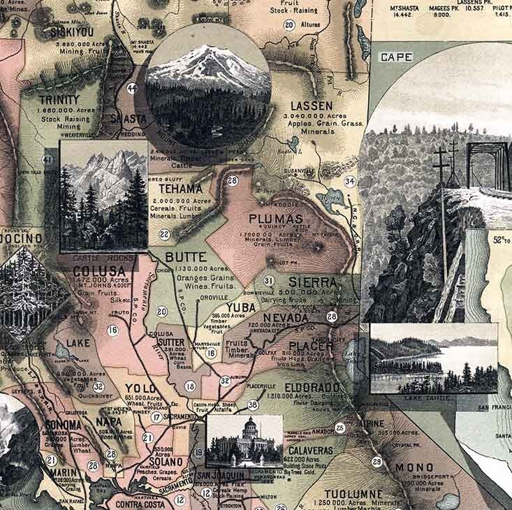1888 Map of the State of California Sierra Mountains
