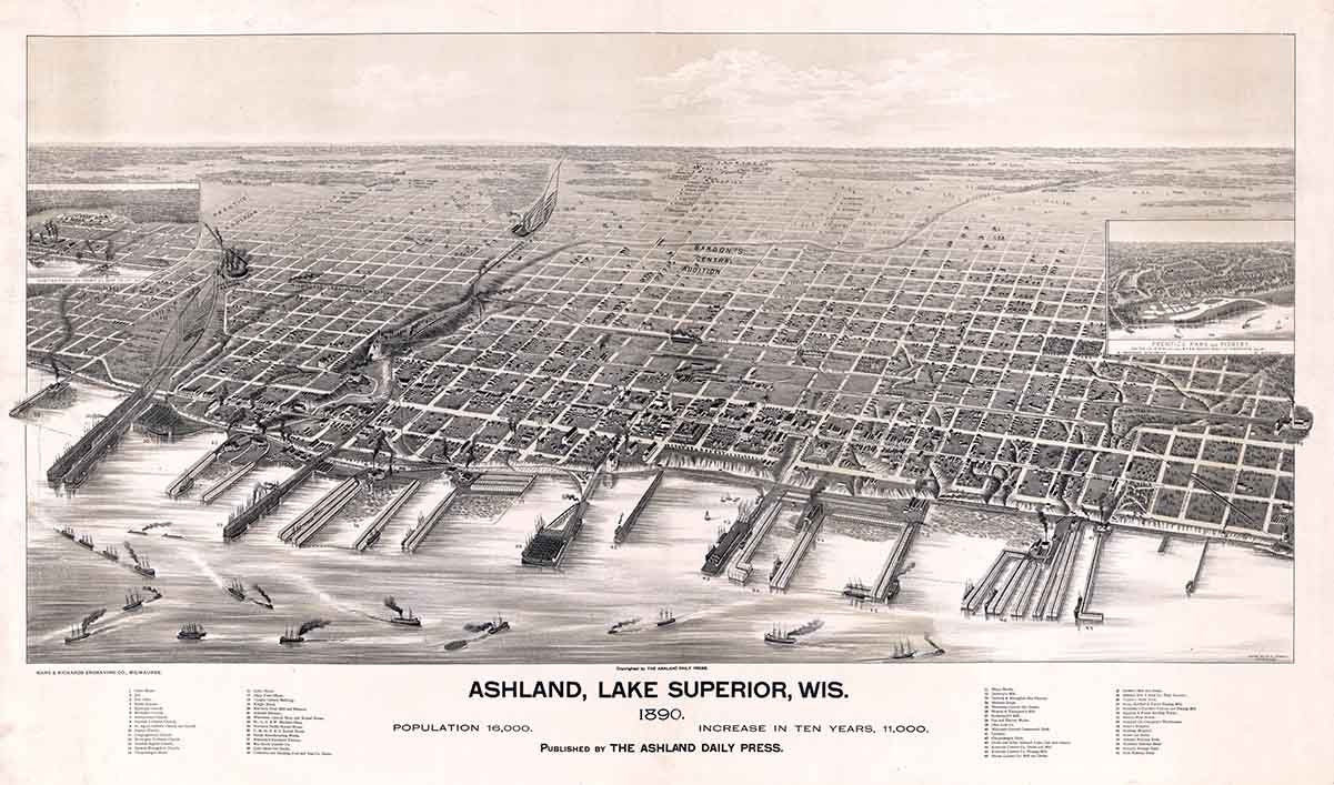 1890 Panoramic Map of Ashland Lake Superior Wisconsin